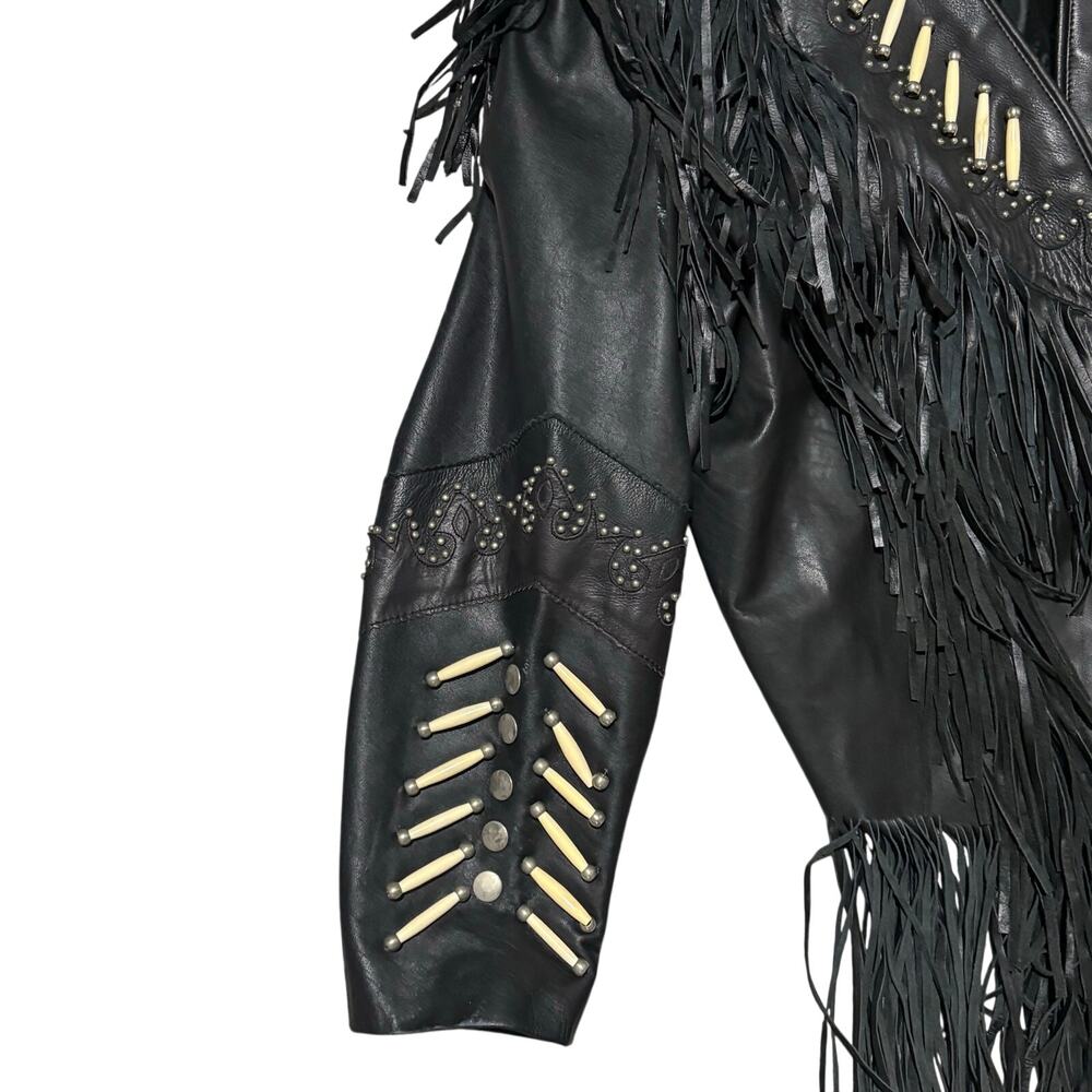 Pro Rider Leather Jacket Fringes Bone Beads Western Native American XL Vintage - Picture 4 of 9